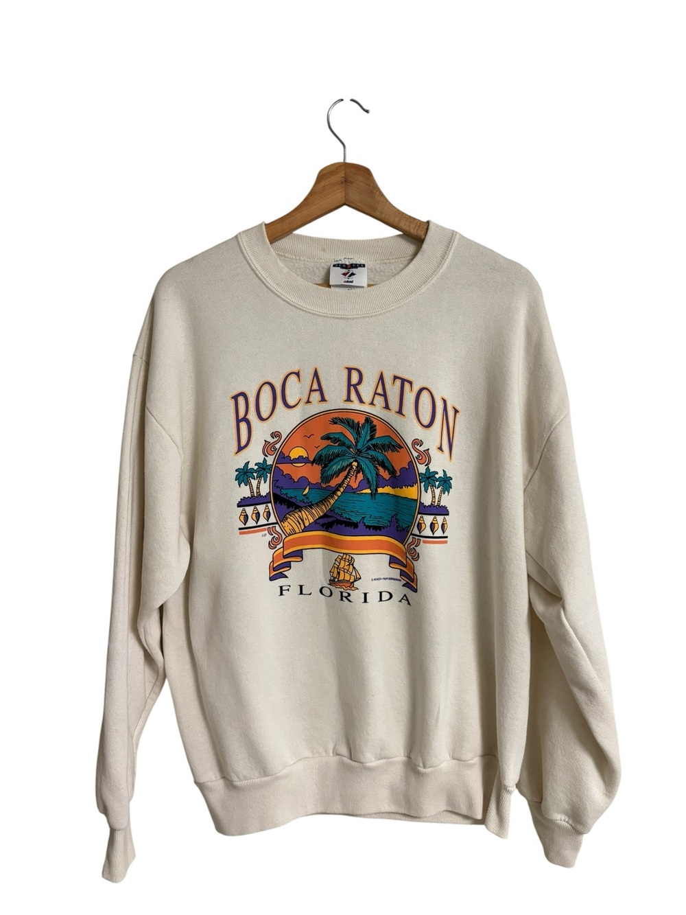Vintage 80s Boca Raton Florida cream colorful pullover crewneck sweater size L